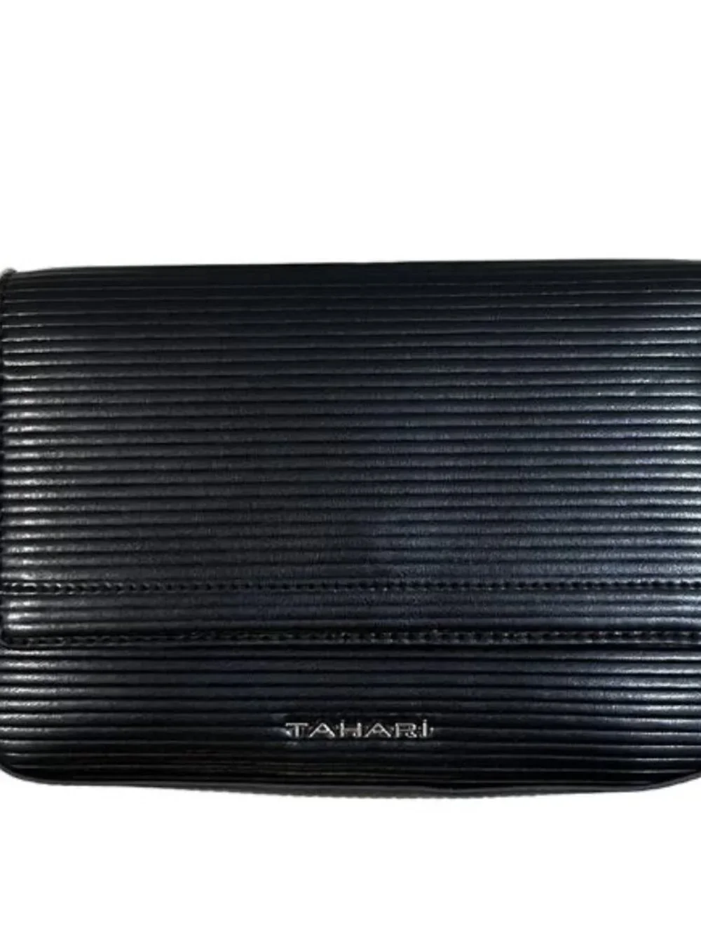 Tahari Essex St Sling Bag Small Black Emboss Stripe Faux Leather Belt